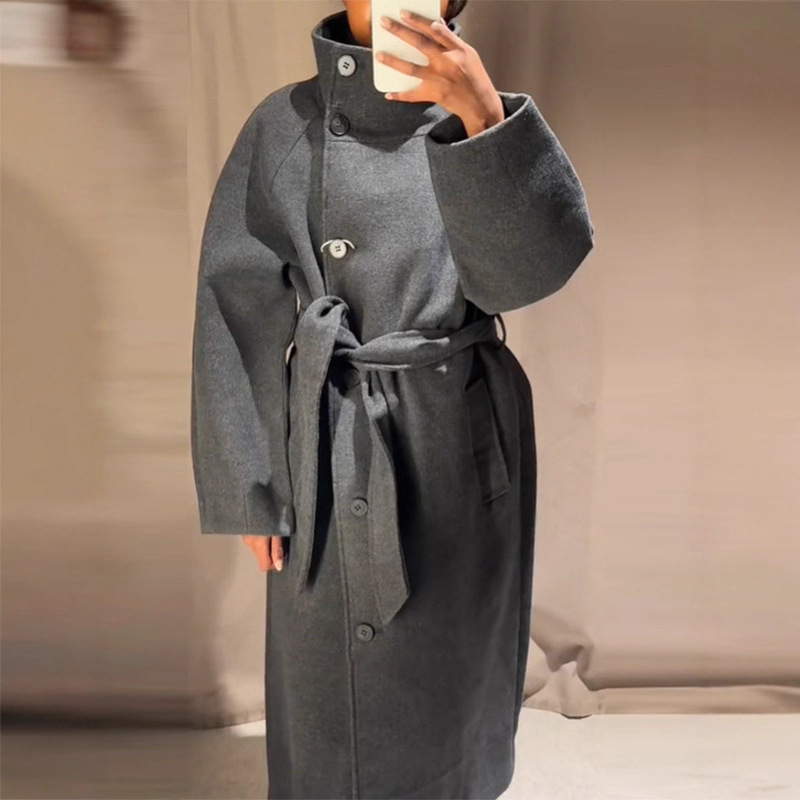 跨境现货2025秋冬新品气质高级立领收腰系带长款双面呢大衣外套