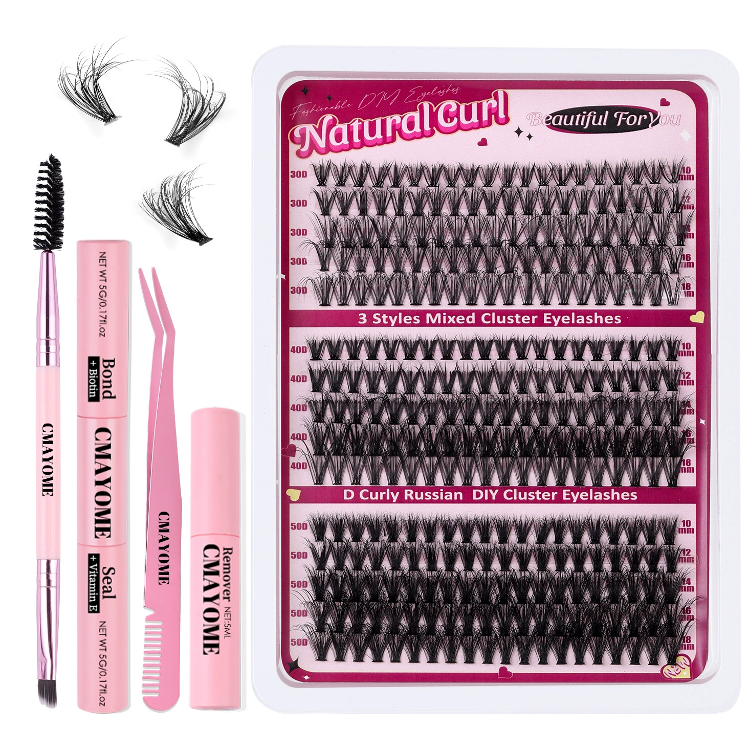 DIY Eyelash Set, Mixed Cluster Fluffy & Curly 30D–100D, Multi-size Kits with Optional Tools