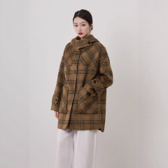 2025格纹牛角扣连帽中长款大衣女宽松塑形女双面羊绒文艺气质款