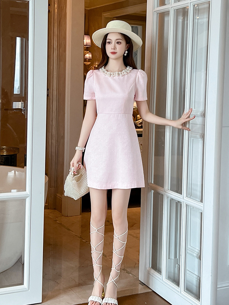 Đầm suông nữ midi cổ tròn thắt eo phong cách Pháp 2026 — Hoa anh đào