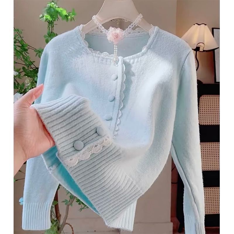 Sweet and Gentle Lace-Trimmed Milk Blue Sweater Coat for Women, New Spring and Autumn Style, Unique and Stylish Knitted Cardigan Top