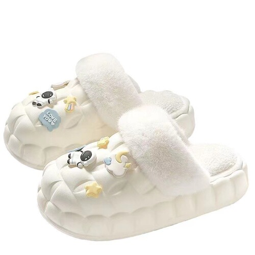 Cartoon new waterproof cotton slippers for women to wear as outerwear, thick-soled furry slippers with a shit-stiffening feel, cute plus velvet toe cotton shoes for men