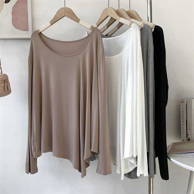 Modal Irregular Long-Sleeve Large Round Neck T-Shirt for Women, Loose and Casual Style, Solid Color Dance Wear, Practice Wear, Covers the Hips