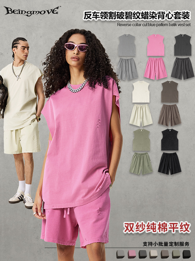 2025 verano marcas de moda europeas y estadounidenses bordes sueltos Batik hacer viejos retro callejero chaleco sin mangas pantalones cortos dos piezas de ropa de hombre