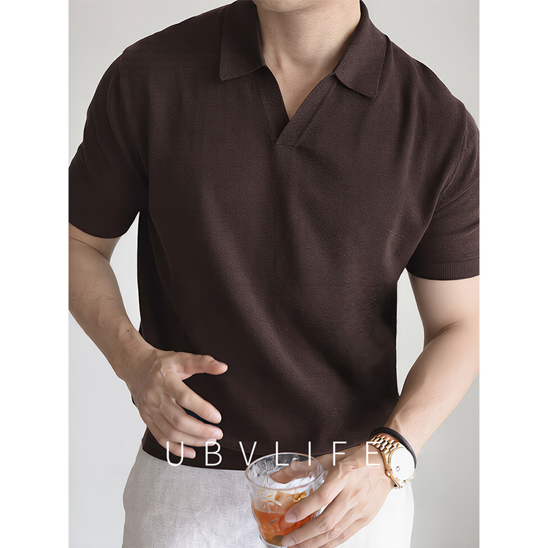[60-Count Strong-Twist Cotton] American-Style Pure Cotton Seagull Collar Retro Polo Casual Business Knit Short-Sleeve Turn-Down Collar Men's Clothing