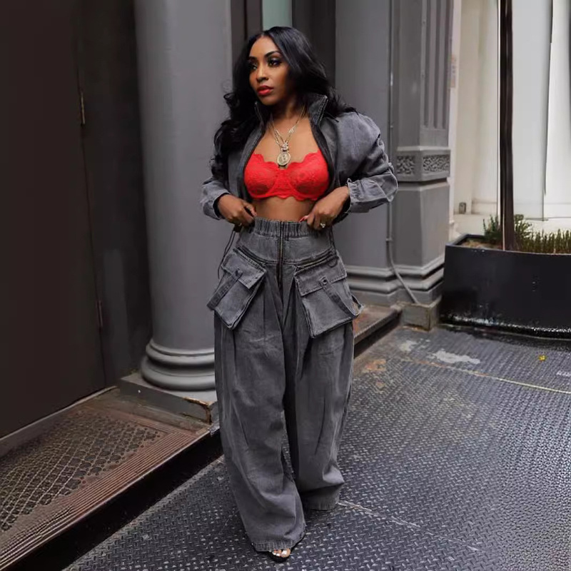 Cross-Border Foreign Trade European and American Fashion Retro Short Jacket Long Pants Workwear Wide-Leg Loose Heavy-Duty Denim Two-Piece Women's Set