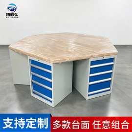 实木桌面六角钳工工作台 六边形钳工桌图片 厦门六工位装配工作台