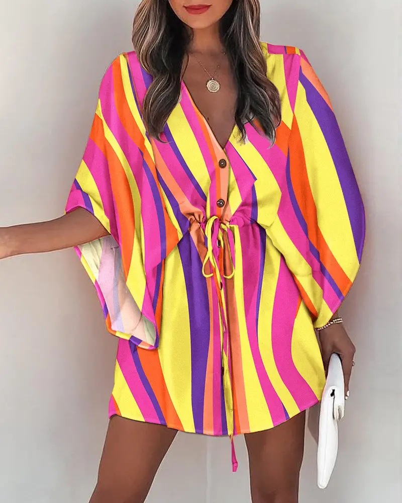 Transfronterizo europeo y americano de verano manga de vuelo Amazon deseo popular con cuello en V con cordones de ocio vestido de vacaciones ropa de mujer