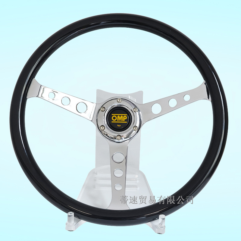 Factory direct sales OMP modified glossy black round hole 15inch steering wheel 380mm concave electroplated universal hole spacing 70mm