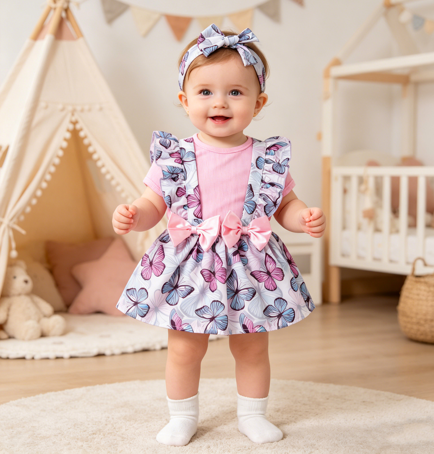 Ropa infantil 26 mariposa púrpura impresa correa falda bebé vestido de manga corta set set set de verano bebé set