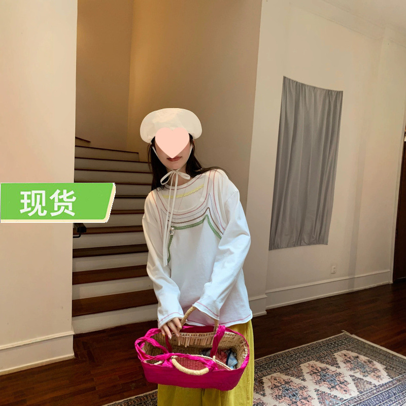 Le Rouge Zhou Meimei Relaxed Opening Style Multi-Layered Color-Blocking Tape Splicing Raw Edge Round Neck Base T-Shirt