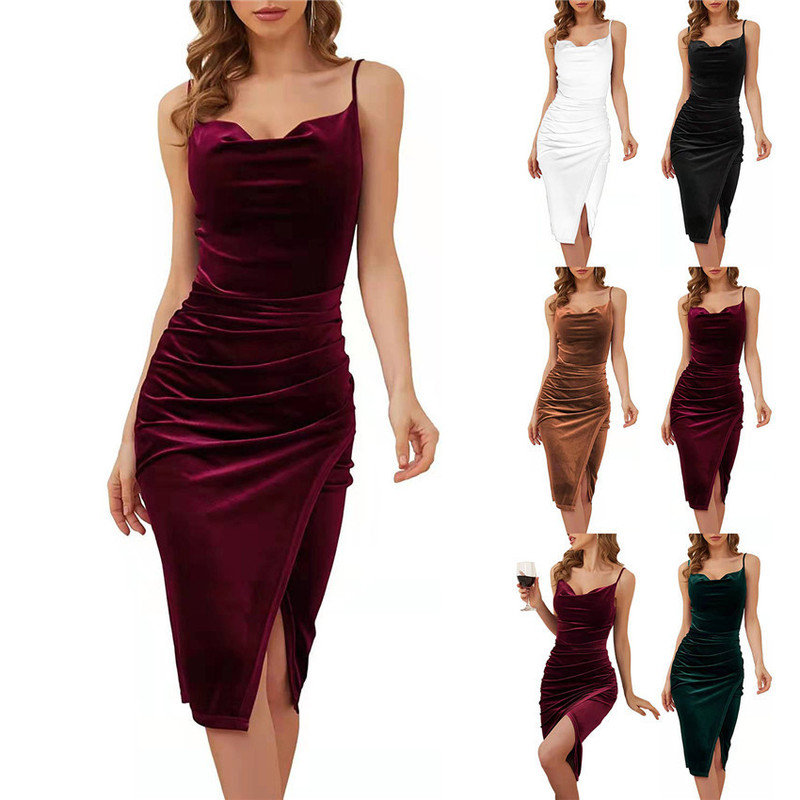 Spring and summer 2022 new European and American cross-border Fashion Women's sexy temperament slit pleated velvet suspender dress