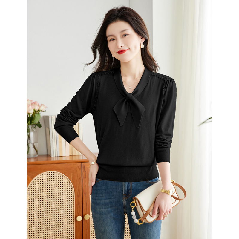 韩版春季纯色长袖针织T恤女2024新款春季小香风打底衫宽松薄上衣
