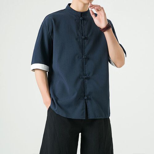 Summer Chinese-style menswear linen buttoned short-sleeve shirt mens five-sleeve Tang suit ancient style cotton linen Hanfu Zhongshan suit