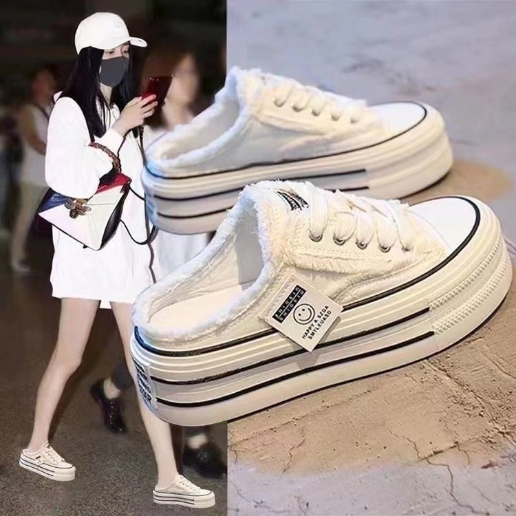 Baotou Slippers Women's Outfit 2025 Spring New Canvas Shoes Heel-Free All-Match Lazy Half-Slip Platform Beggar Shoes