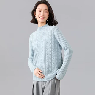 【厚款！100%羊毛】秋冬时髦简约半高领绞花针织衫女式保暖羊毛衫