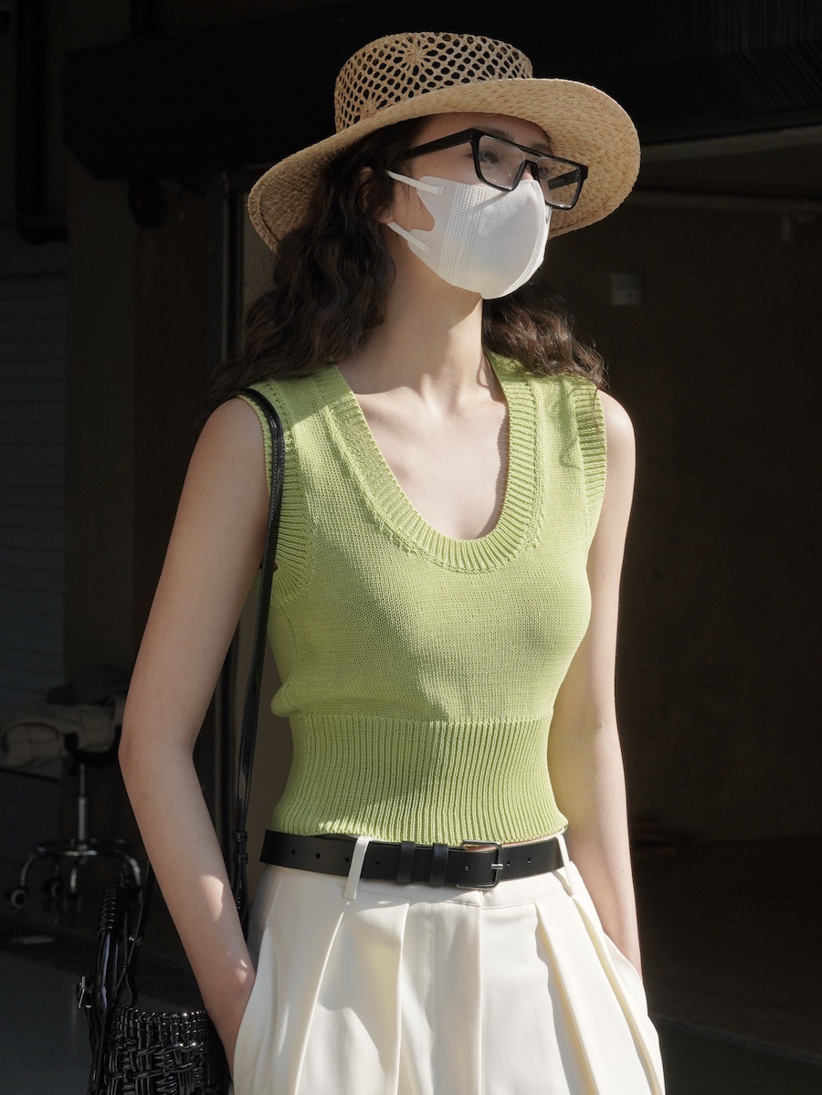 Lufu primavera/verano estilo coreano de moda retro gran U-cuello de punto chaleco corto piel-friendly desgaste exterior chaleco casual para las mujeres