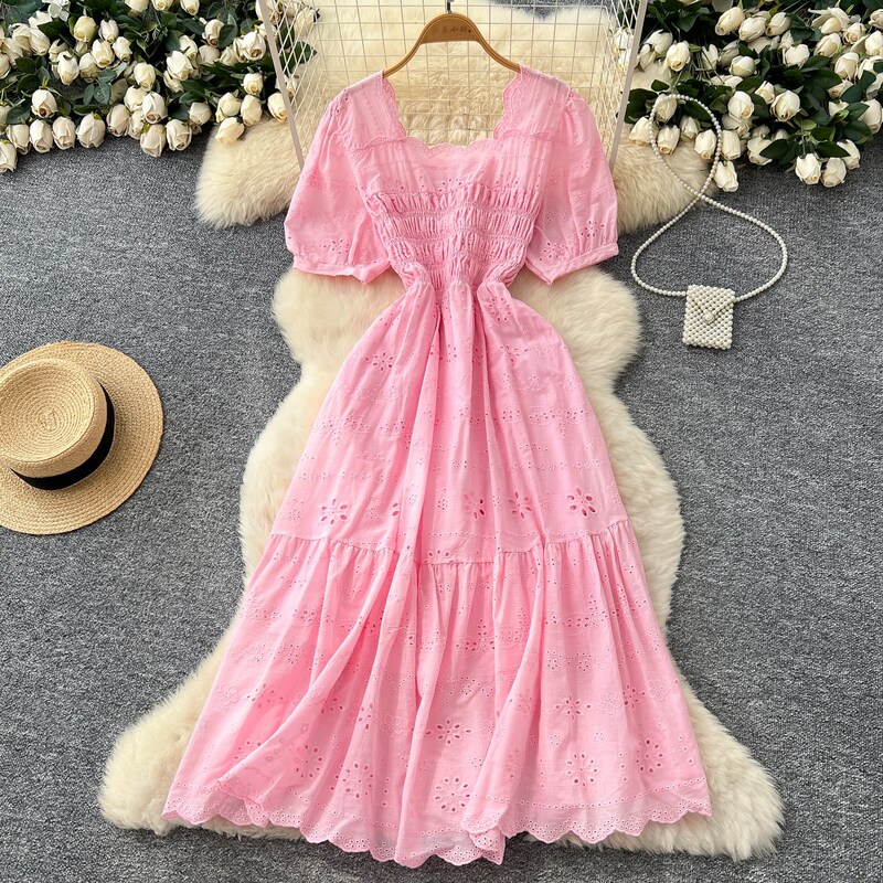 Cross-Border French Fairy Heavy-Duty Hollow Embroidery Waist Square Neck Dress for Women Summer Slimming Temperament Puff Sleeves Long
