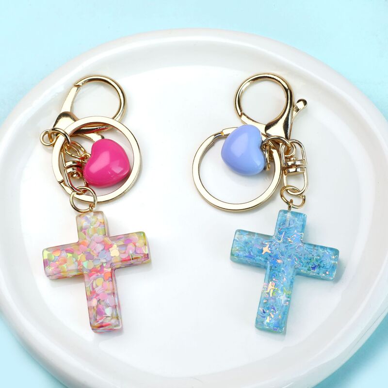 Cross-Border Stone Epoxy Cross Keychain Heart Resin Key Pendant Fashion Heart Bag Pendant in Stock