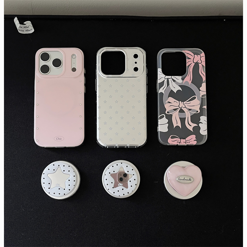 Coque coréenne simple à nœud papillon et étoiles pour iPhone 17/16 Pro Max/15/14, motif cœur girly_voghion.com