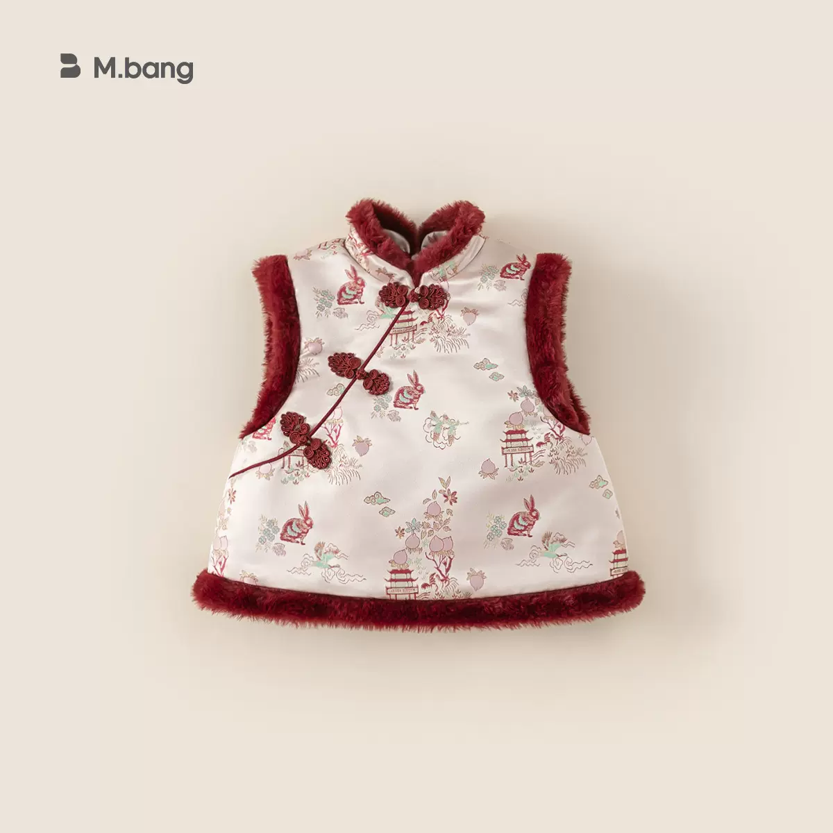 邦选儿童冬款新中式女童加厚刺绣旗袍背心男童毛边盘扣拜年服马甲