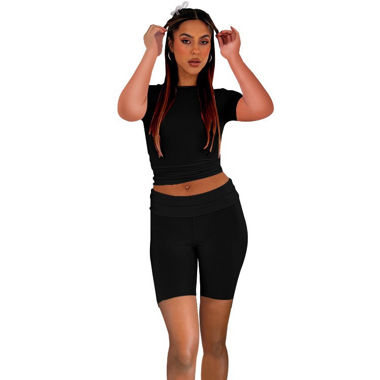 Women's Casual Short Sleeve Top + Roll-Up Shorts Set – Trendy Two-Piece Outfit (Black/Light Gray/Blue/Pink, S-Xl)_ecoleips.com