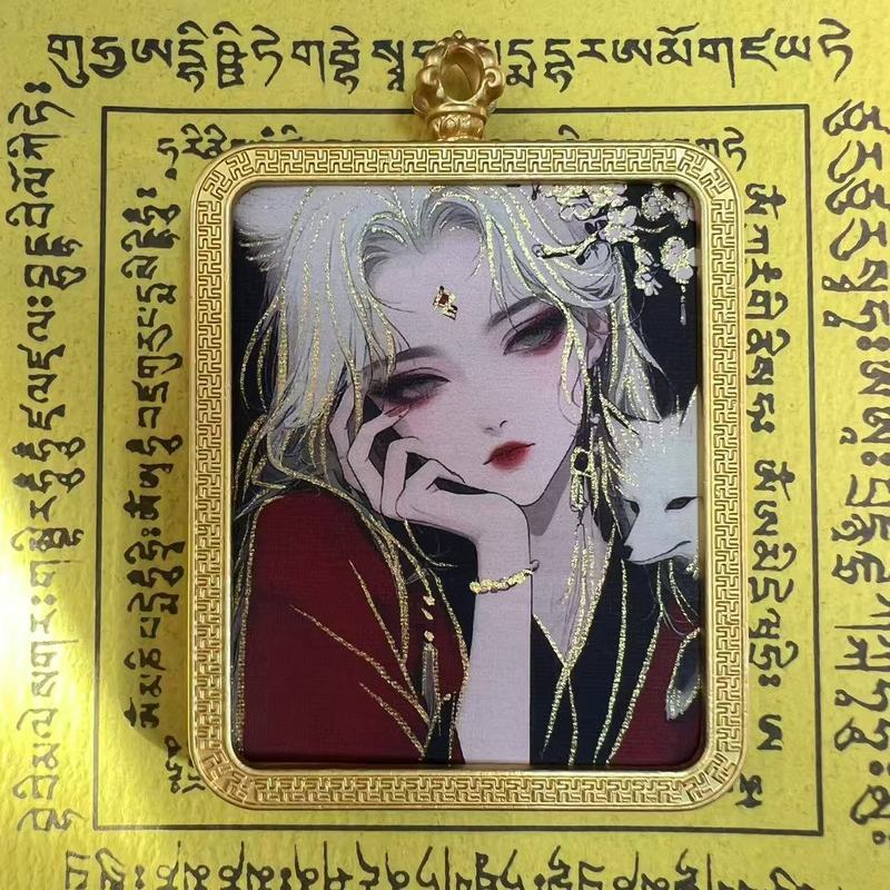 タンカ チベット手描き金塗装粗鉱石絵画コア国民トレンドペンダント九尾キツネ ザキラム ビッグブラックデーツ|undefined