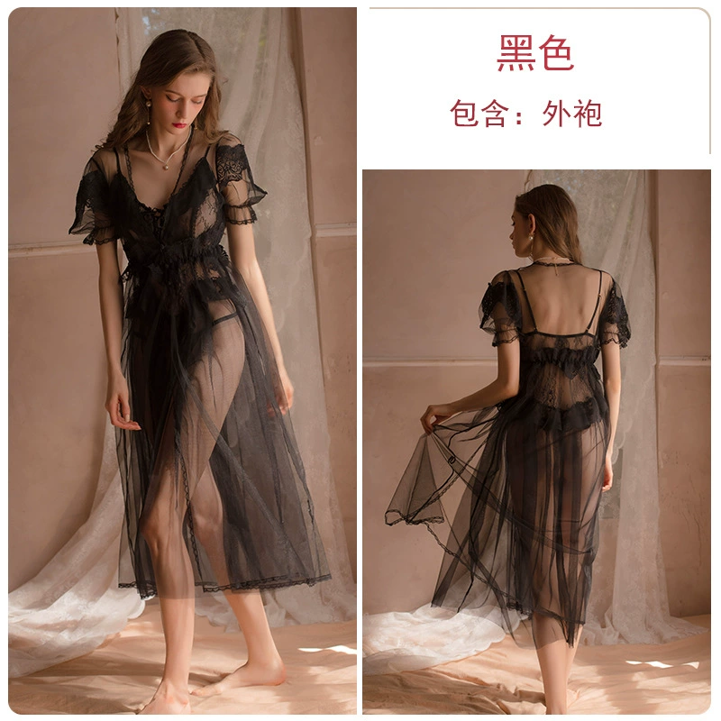 Демисезонный длинный набор пижамы (GuiRuo) — кружевное тюлевое roupa и юбка с подтяжками, легкий