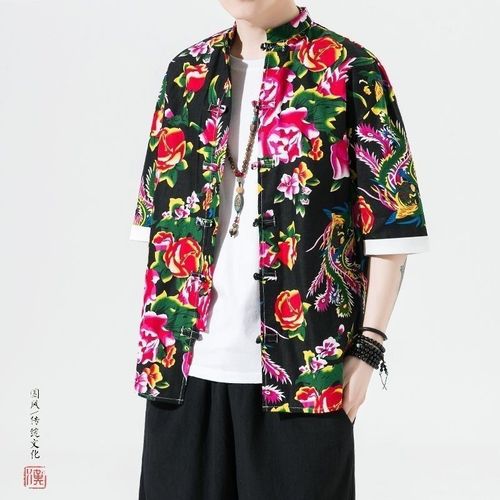 Northeast floral shirt with Chinese style Tangzhuang for men, summer large size, large flowers, short sleeve, best man's suit, national trend ethnic style