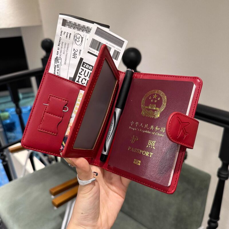 シンプルなニッチボルドーレッドパスポートホルダー多機能レザー海外旅行パスポート銀行カードID収納バッグ|undefined