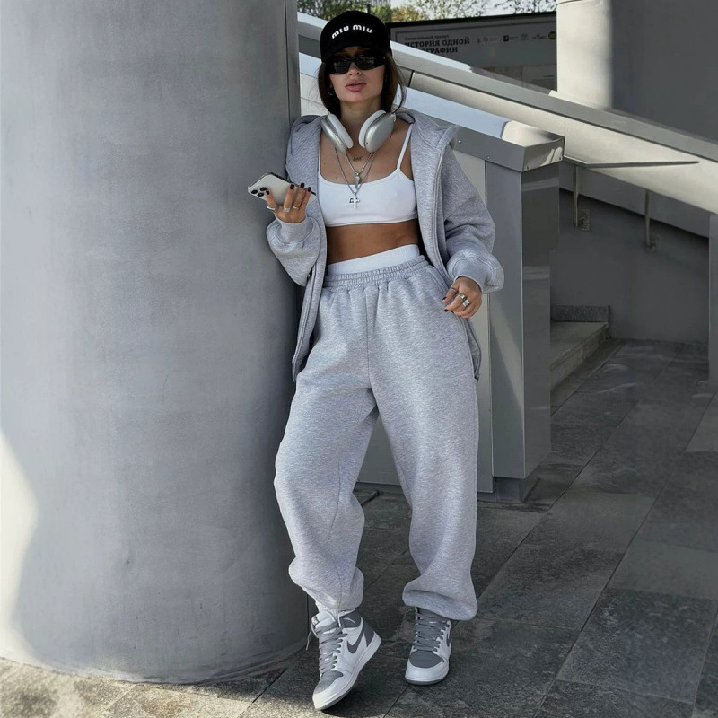 Cross-border Amazon women's sweatshirt 2026 new model, hooded European and American solid color cardigan sweatshirt and jogger set two-piece outfit for women Cross-border Amazon women's sweatshirt 2026 new model, hooded European and American solid color cardigan sweatshirt and jogger set two-piece outfit for women
