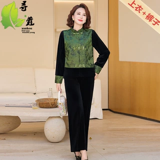 新款妈妈装女士休闲套装时尚古风中老年人衣服40-60岁三件套秋装