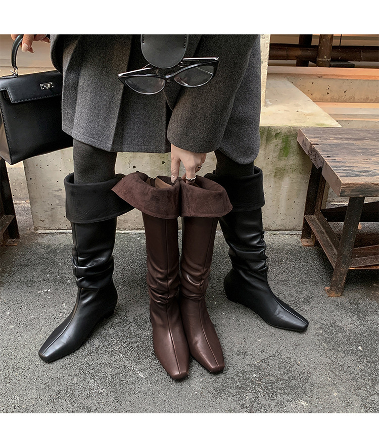Boot nữ cổ cao quá gối da thật mũi vuông gót xuồng tăng chiều cao — màu nâu, màu đen chi tiết 28