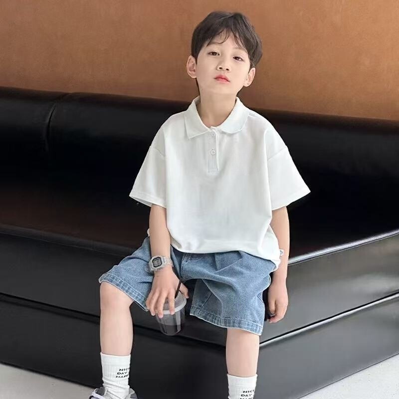 Boys Short-Sleeved T-Shirt Kidsren's Summer Polo Shirt 2025 Summer New Style Medium and Large Kidsren's Boys Pure Cotton Lapel Top