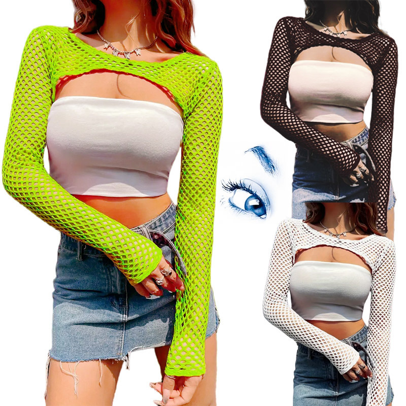 Amazon Mesh Top T-Shirt European and American Cut Out Mesh T-Shirt Y2K Cross-Border Women's New Sexy T-Shirt