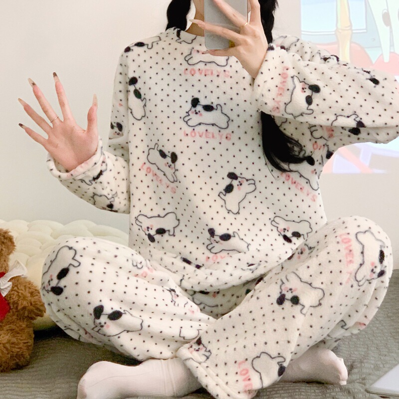 Ins Style Fleece-Lined Thickeneded Coral Velvet Winter Pajamas for Women in Autumn and Winter Cute Student Home Clothes Set That Can Be Worn Outside