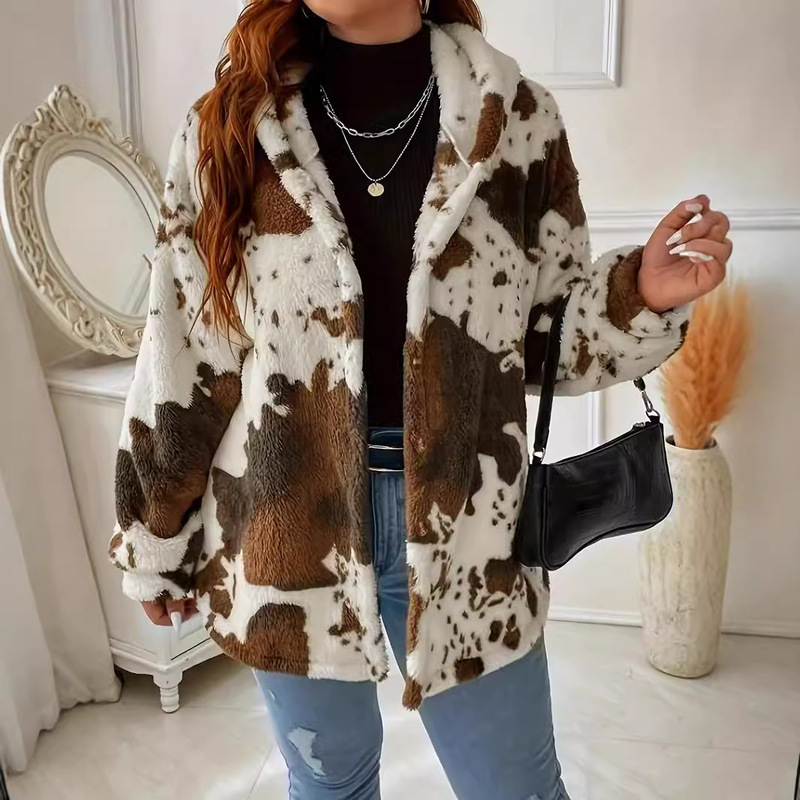 2025 Autumn/Winter Cross-Border Amazon New European and American Casual Fashion Plush Jacket Women's Cow Print Button Sweatshirt