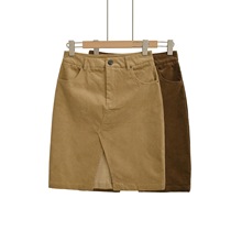 现货复古灯芯绒半身裙女秋季新款高腰显瘦前开叉包臀裙中长款半裙