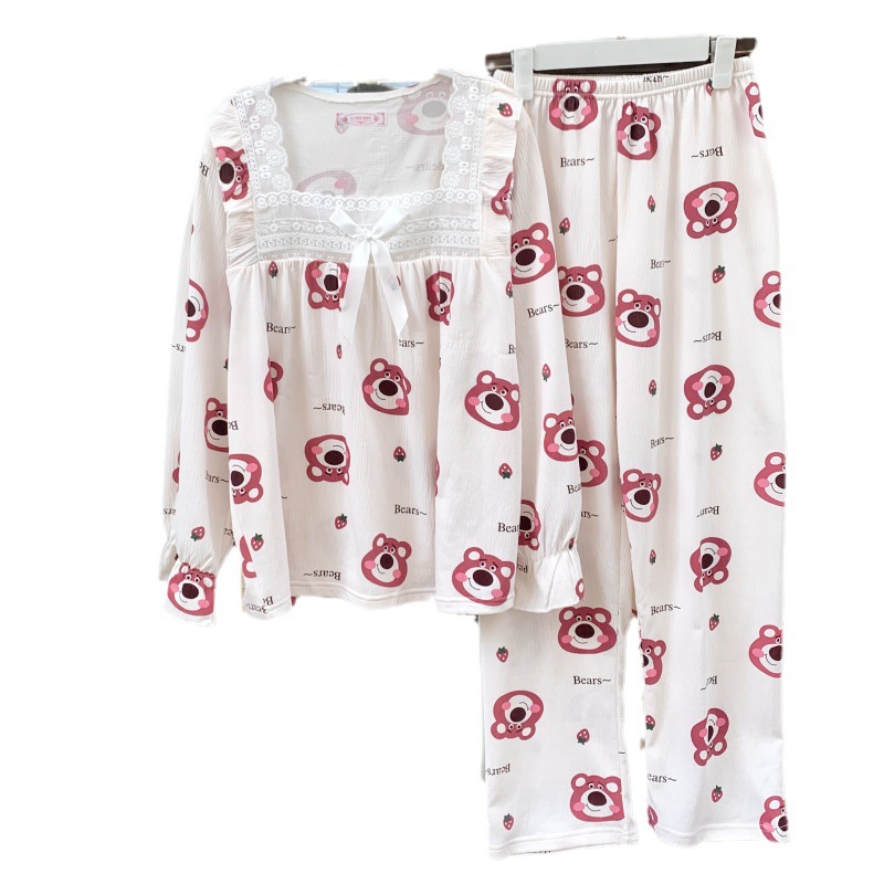 Oso de fresa primavera y otoño pijamas de algodón de manga larga pantalones de estilo de princesa dulce de las mujeres más el tamaño casual ropa para el hogar