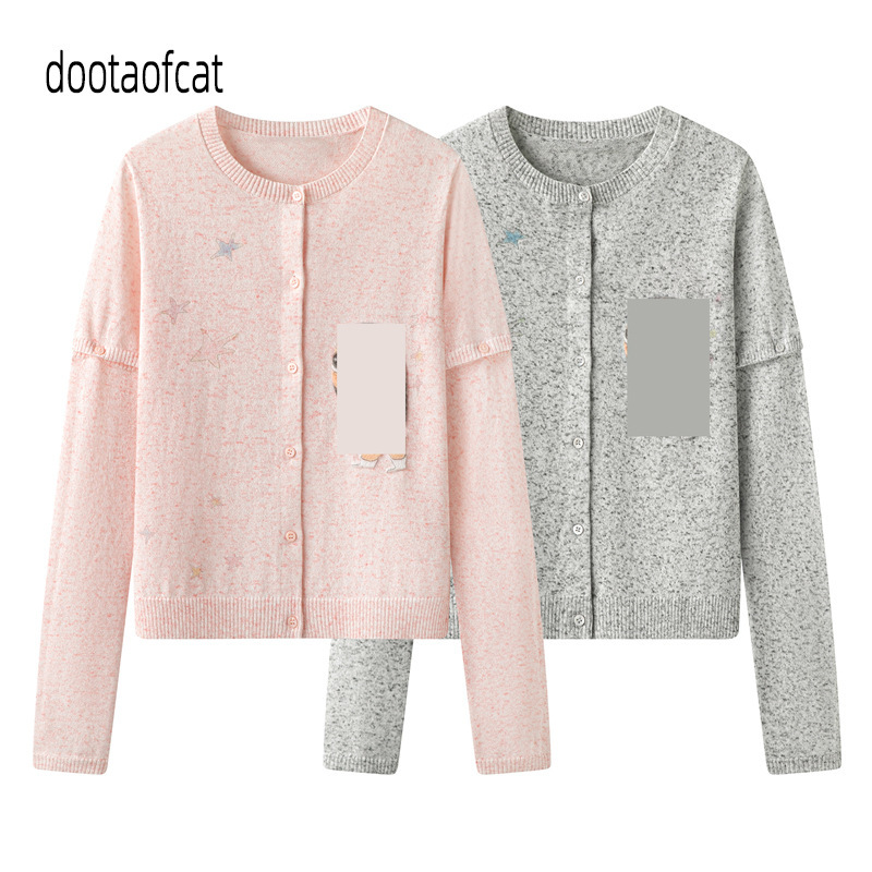 2026 Autumn New Women's Cartoon Anime Jacquard Detachable Sleeve Wool Knit Cardigan Top 3K3YE23