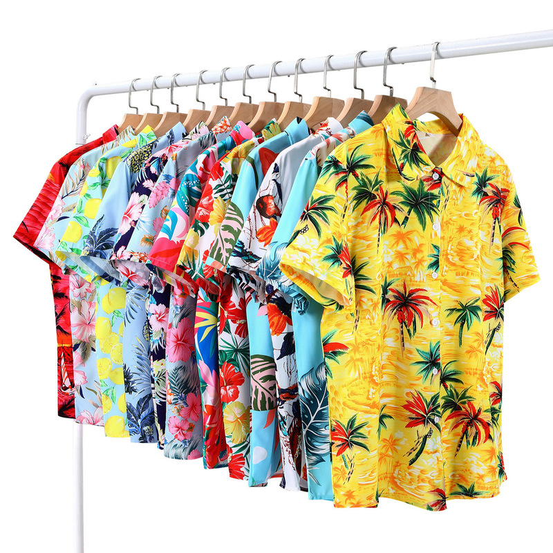 Cross-border Spring and Summer Hawaiian Vacation Casual Wear Digital Printed Blouse Lel Button Short-sleeved Loose Top
