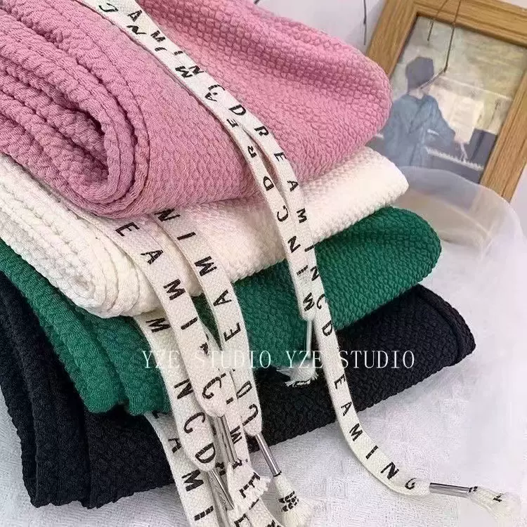 中腰纯色华夫格空气泡芙裤休闲裤女春季新款韩版宽松抽绳阔腿裤潮