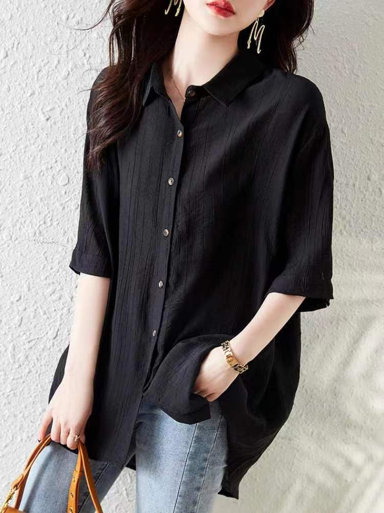 French Short-Sleeved Shirt Women's Design Mid-Length Shirt 2025 Summer New Design Chic and Unique Top