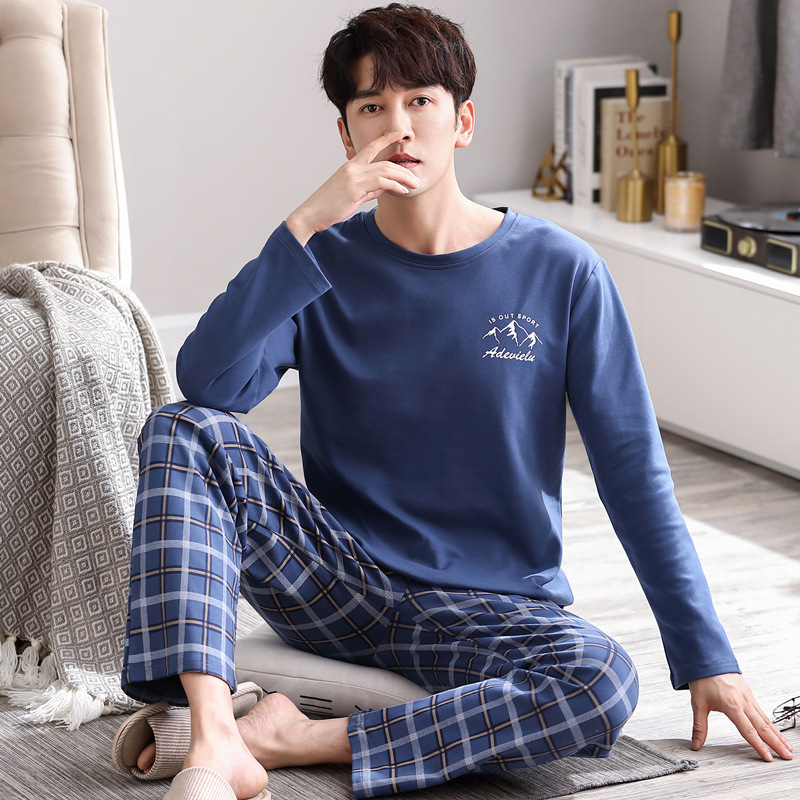 Pijamas de los hombres primavera y otoño fresco algodón manga larga delgada 2023 nuevo estilo coreano más tamaño simple juventud desgaste traje