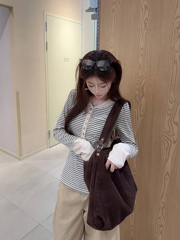 2025年秋装新款条纹长袖T恤女复古休闲亨利领气质百搭显瘦上衣|undefined