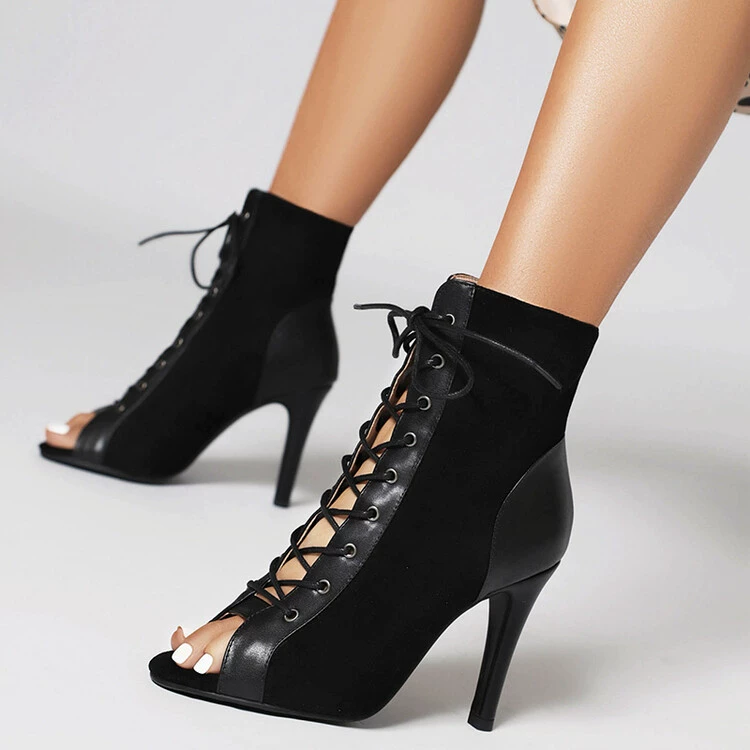 Европейские и американские сандалии на шнуровке с открытым носком, женские летние полые короткие сапоги на шпильке, сандалии на высоком каблуке для джазовых танцев и танцев, большие размеры