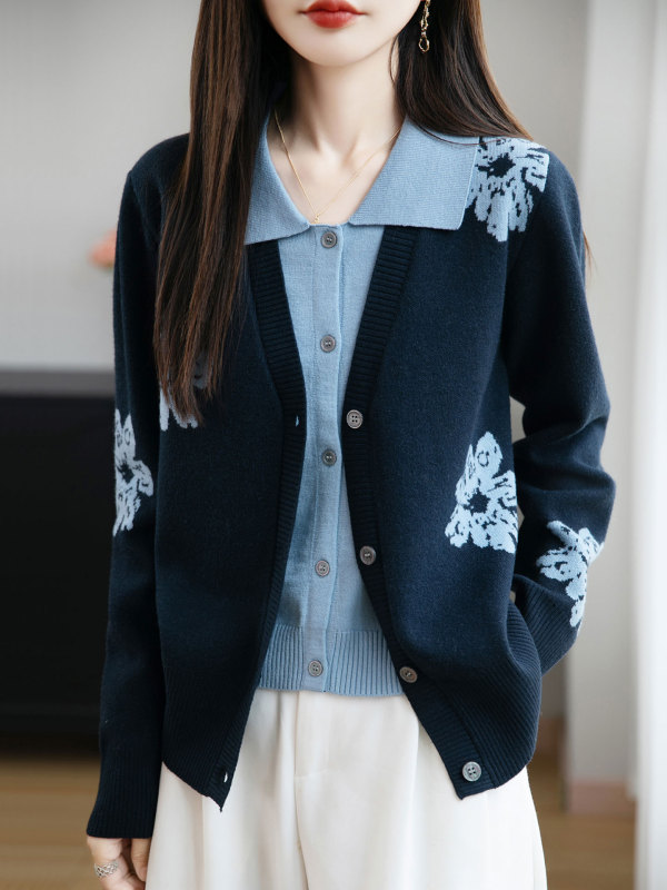 【厂家直供】翻领假两件毛衣针织开衫外套女秋季新款提花减龄外搭|undefined