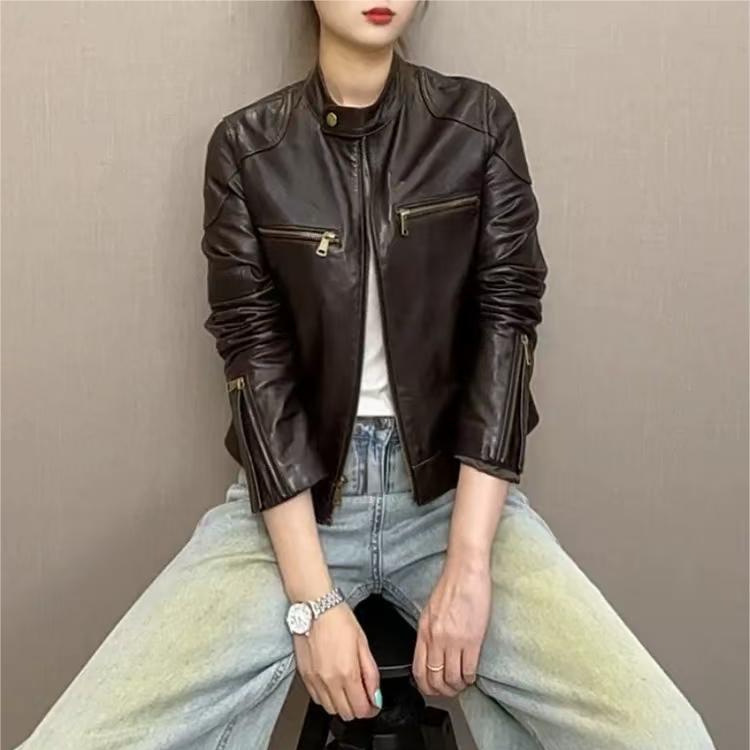 Haining's New Style Genuine Leather Jacket, Short Slim-Fit Waxed Cowhide Round-Neck Leather Jacket with Zipper Haining's New Style Genuine Leather Jacket, Short Slim-Fit Waxed Cowhide Round-Neck Leather Jacket with Zipper