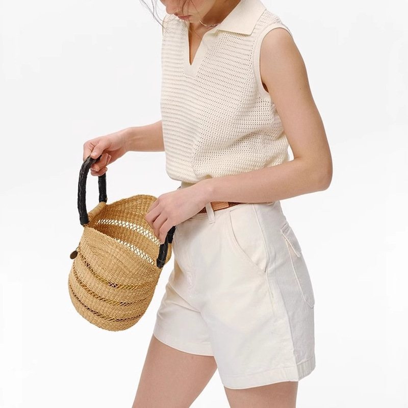 Ribbed Texture Knitted Short-Sleeve Polo Collar Vest for Women, New Summer Hollow-Out Slimming Sleeveless Top