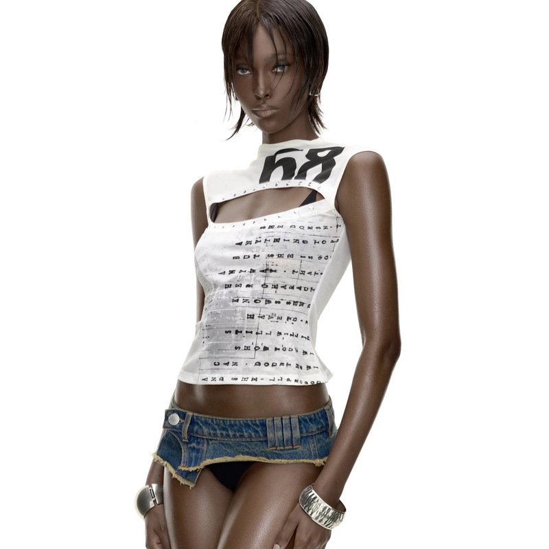 Slim-Fit Hollow-Out Sleeveless Tank Top with Studs, Slimming Lettering, Cool Street Style Print Versatile Top for Women